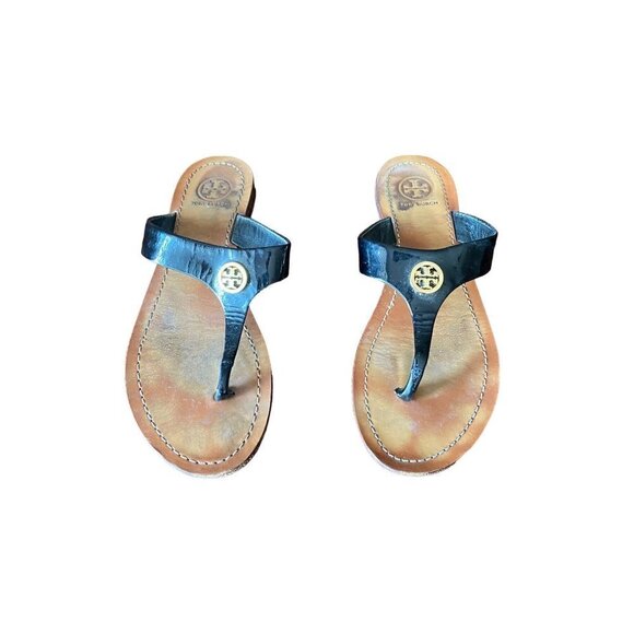 Tory Burch Cameron Black Patent Leather Thong Casual Sandal - 6 1/2 - Picture 2 of 11